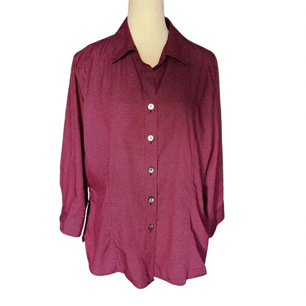 Foxcroft Button Up Polka Dot Pink Black Fitted Blouse Top Women Size L